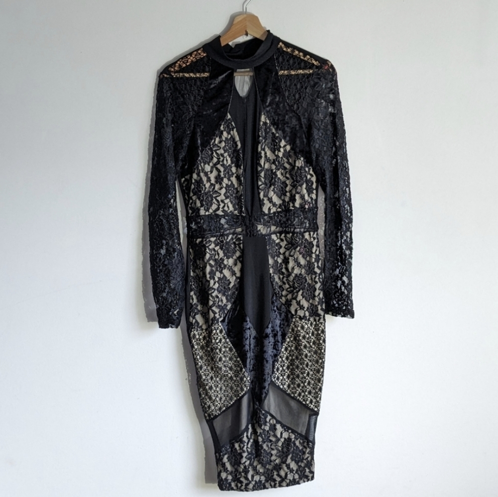 Black Lace Velvet Mockneck Long sleeve Bodycon Midi Dress